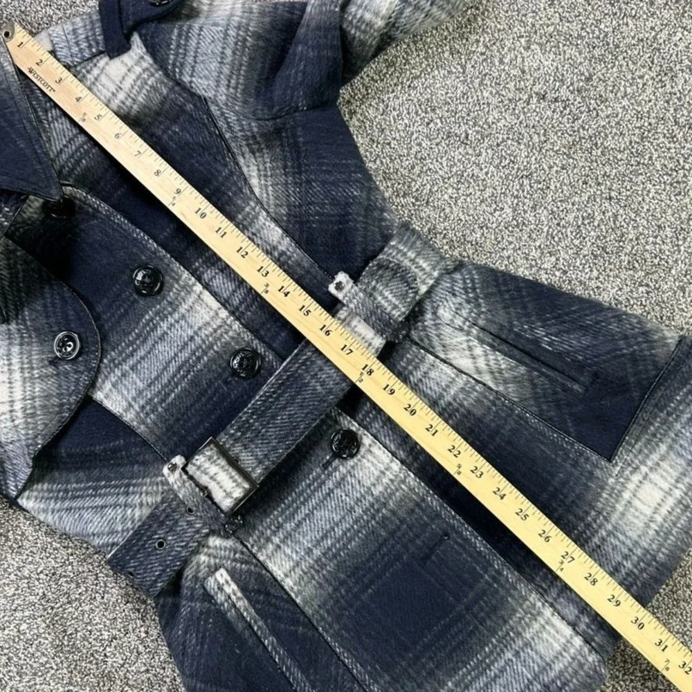 Miss Sixty Wool‎ Blend Plaid Belted Pea Coat Womens Medium Faux Leather Trim